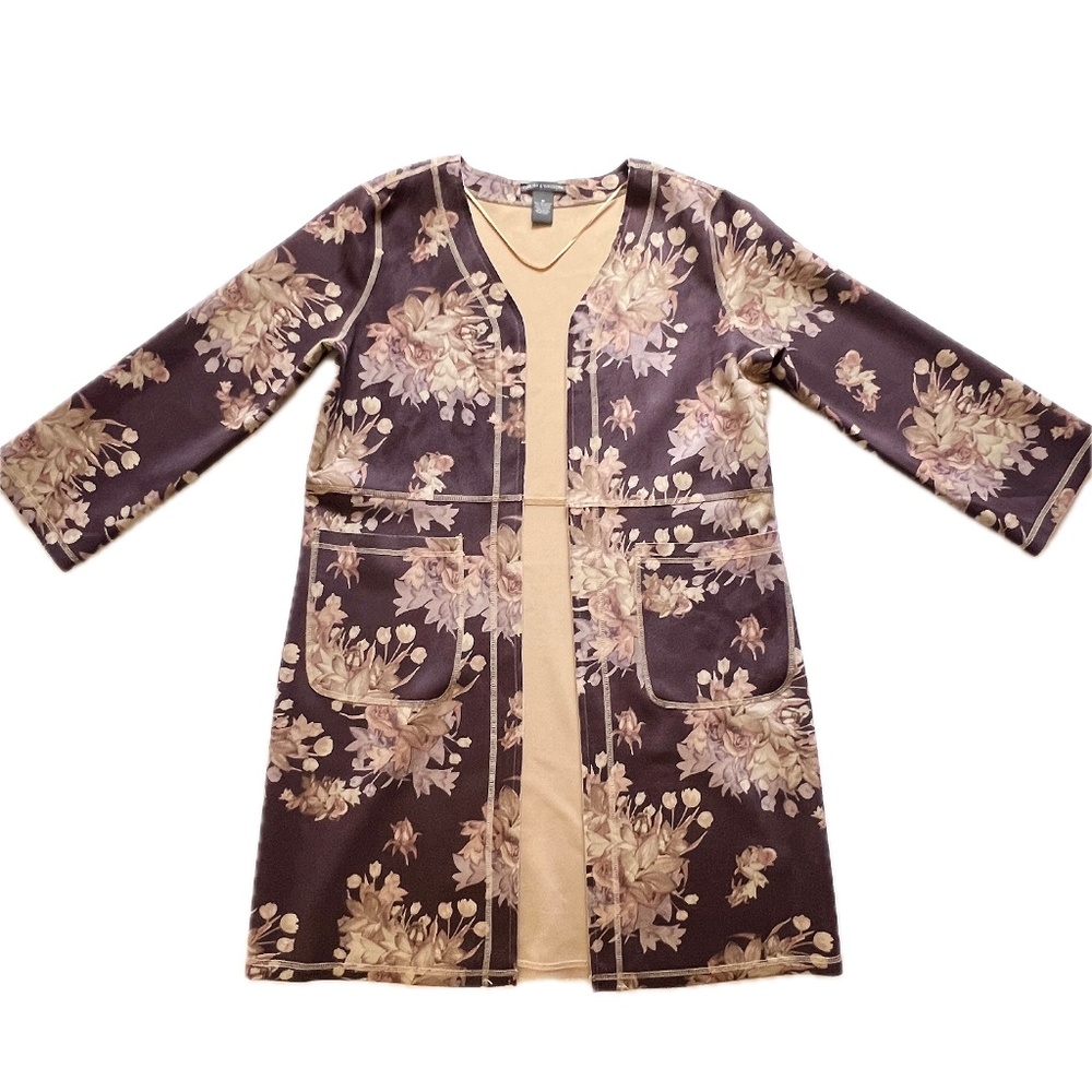 Chelsea & Theodore Womens Floral Faux Leather Open Front Dust Jacket Sz M Purple